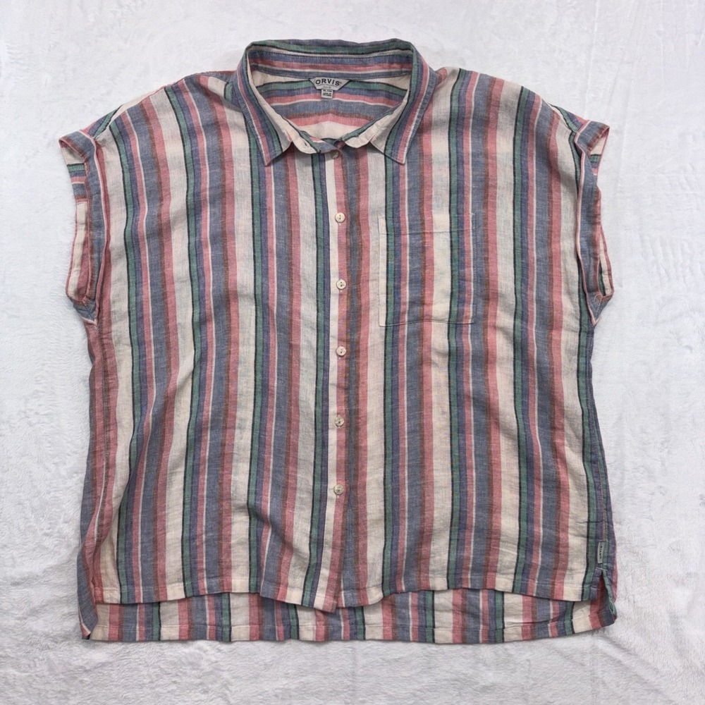 Orvis Blouse Women's XL Multi Stripe Button-Up Cap Sleeve Classic Collection